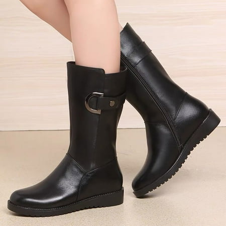 

Cathalem Calf High Boots for Women Flat Wedges Leather Boots For Ladies Cotton Boots Women Warm Tan Boots for Women Wide Calf Black 6.5