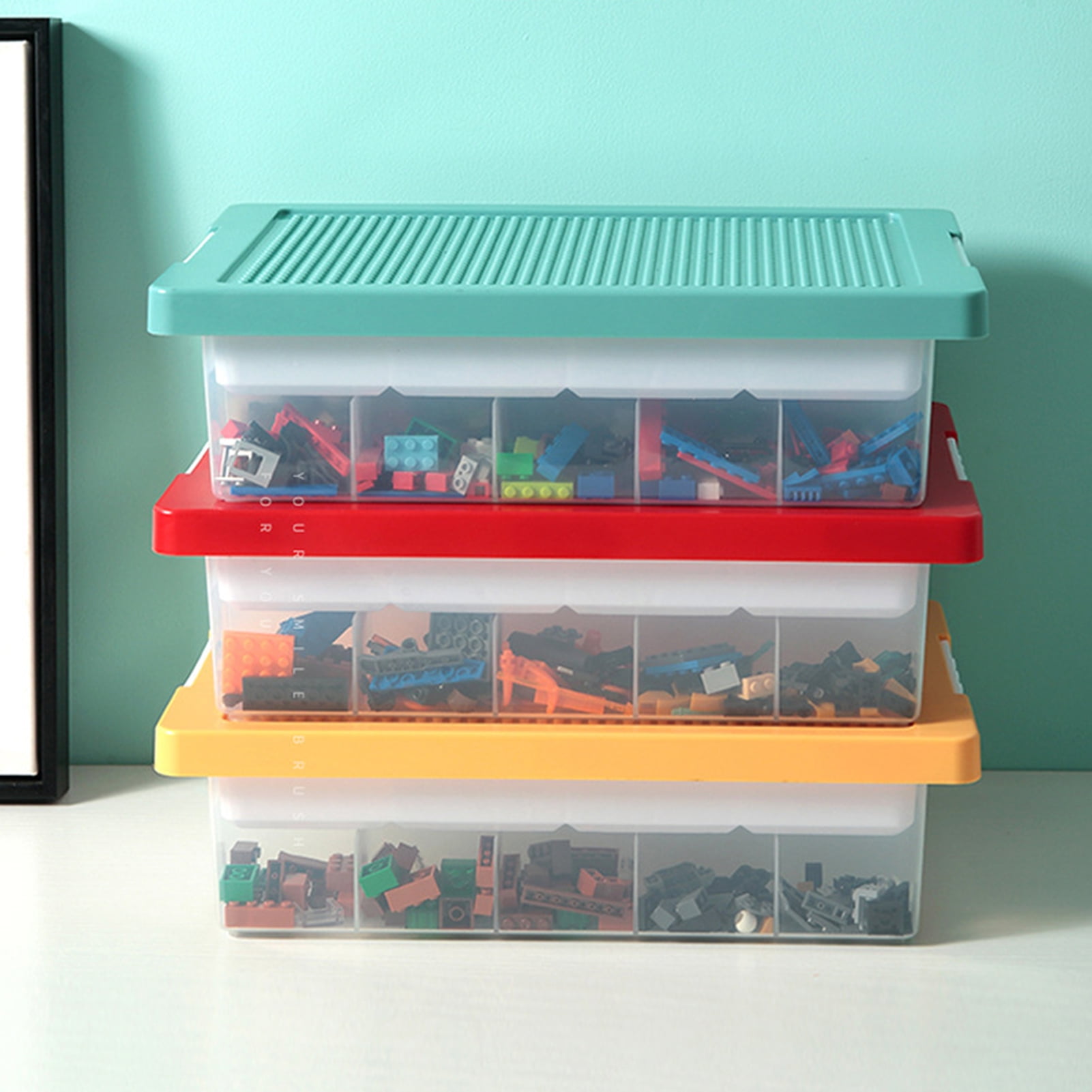 SUSUchens Building Block Storage Box with Removable Cover Multi Compartments Large Capacity Transparent Art Craft Storage Organizer Stackable Bins for Lego Yellow