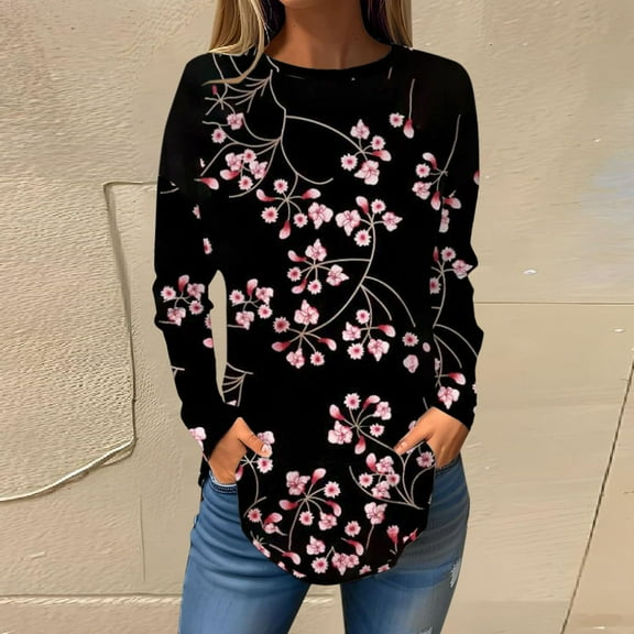 Texiao Women's 2025 Popular Printed Casual Loose Daily Round Neck Long Sleeved T Shirt