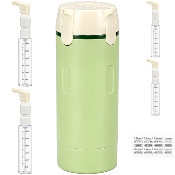 4 in 1 Travel Dispenser Bottle, 6.5 x 2.2 in Toiletry Containers with 4 Pcs 1 oz Shampoo Conditioner Lotion Travel Bottles, Leak Proof Pump and Labels for Business Trip Gym Vacation