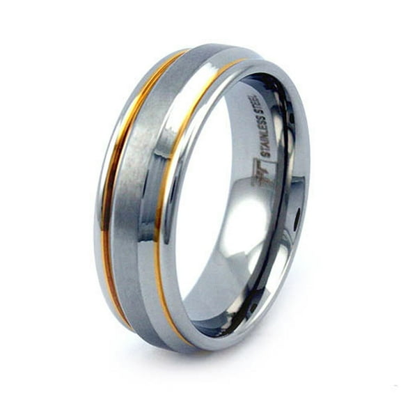 Tioneer Stainless Steel Dual Golden Groove Edge Wedding Band Ring