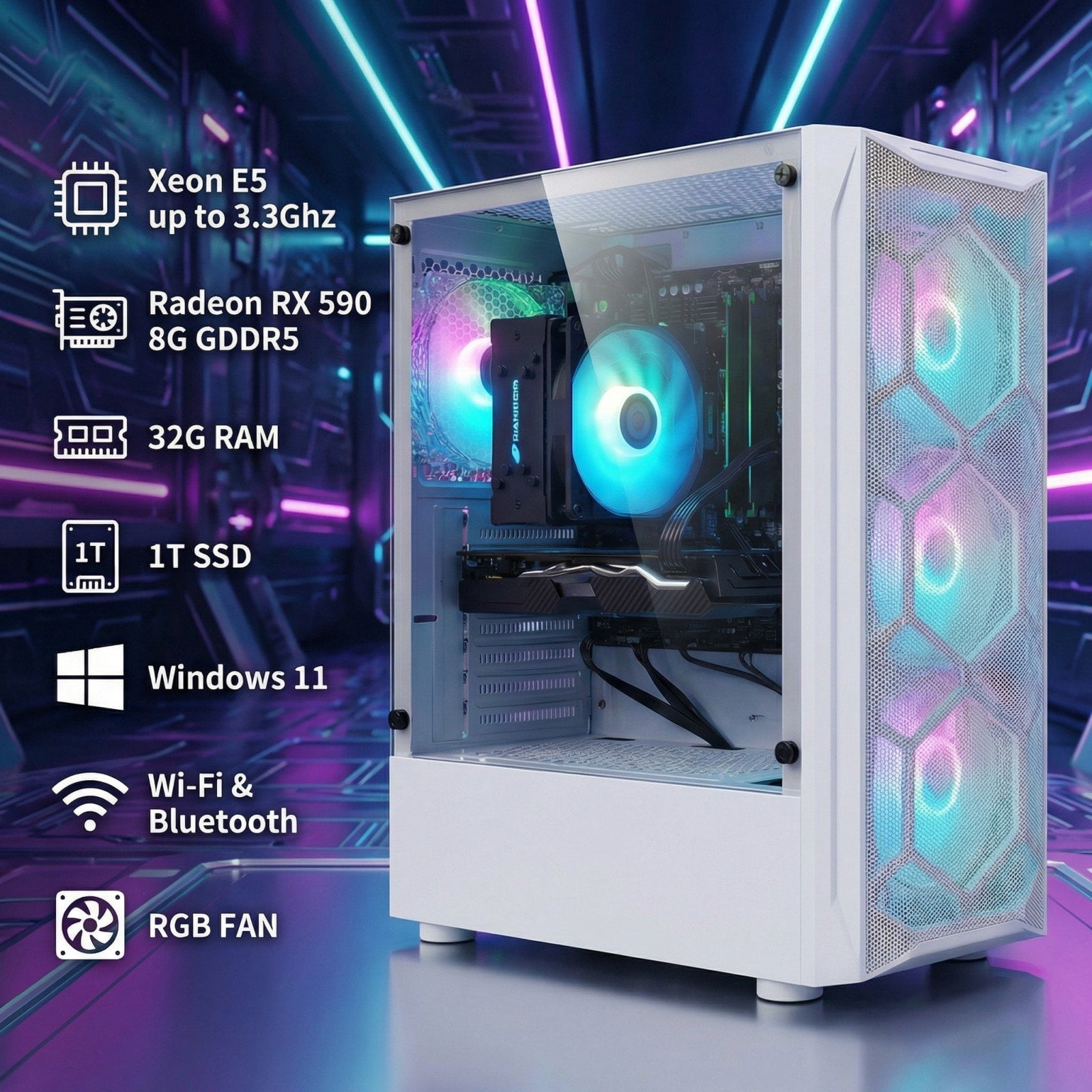 STGAubron Gaming Desktop PC, 32GB RAM, 1TB SSD, Radeon RX 590