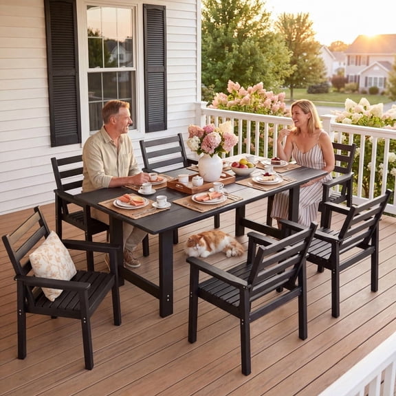 Homall 7 Piece Patio Dining Set, HDPE Outdoor Dining Table and 6 Armrest Chairs, Patio Furniture Set with Umbrella Hole for Backyard Garden Porch, Black