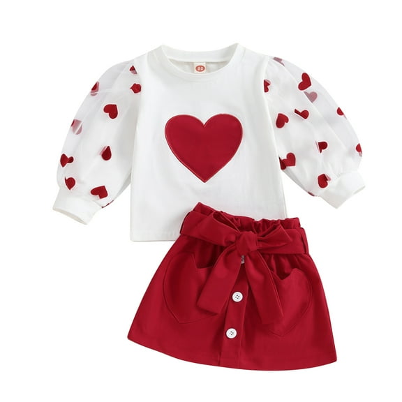 Elippeo Valentine's Day Toddler Infant Kid Baby Girl Clothes Sets 6M 12M 18M 24M 3Y 4Y Mesh Long Sleeve Heart Tops Skirts Outfits