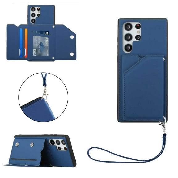 for Samsung Galaxy S22 Ultra Wallet Case with Card Holder Case with RFID Blocking Card Slots, Double Magnetic Clasp Durable Shockproof Kickstand Detachable Wrist Strap Cover,Blue