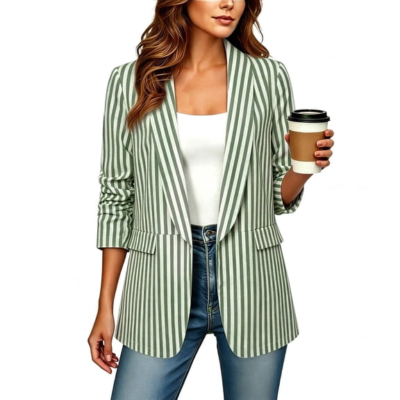 Riecok Blazer Jackets for Women Open Front Suit Jackets Lightweight Striped Cardigans Formal Business Workwear