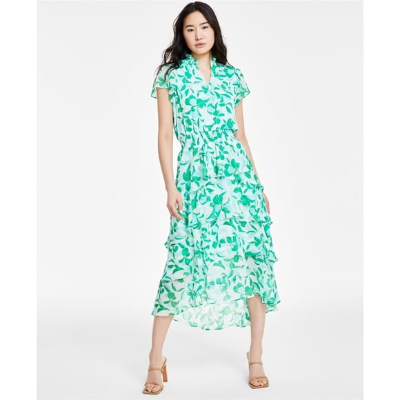 SAM AND JESS Womens Floral Printed Smocked Waist Tiered Midi Dress, navy, XS