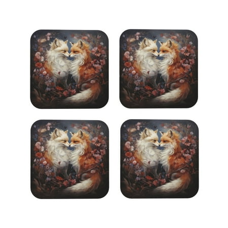 

Leather Coasters Set of 4 - Romantic Flower Fox Couple Lightweight Non-Slip Drink Coasters for Desk Anti-Scalding Desk Cup Coasters for Office Table Decor Square