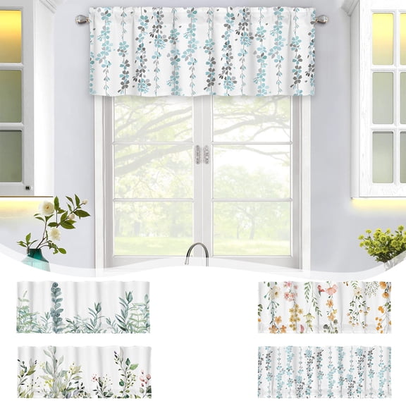 Short Floral Valance Curtain, 52x18 Inch Small Window Tier Curtain for Bathroom Kitchen Cafes, Polyester Thermal Insulating Rod Pocket Curtain with Colorful Flower Leaves Plants Design, Home Decor