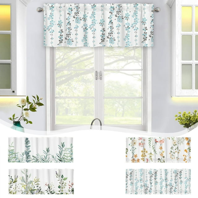 Sentmoon Rideaux Courts à Motif Floral Cantonnière de Petite Fenêtre pour Salle de Bain Cuisine Cafés Rideaux à Isolation Thermique à Panneaux 52x18 Pouces Fleurs Colorées Feuilles Plantes Rideaux de Cuisine Multicolores