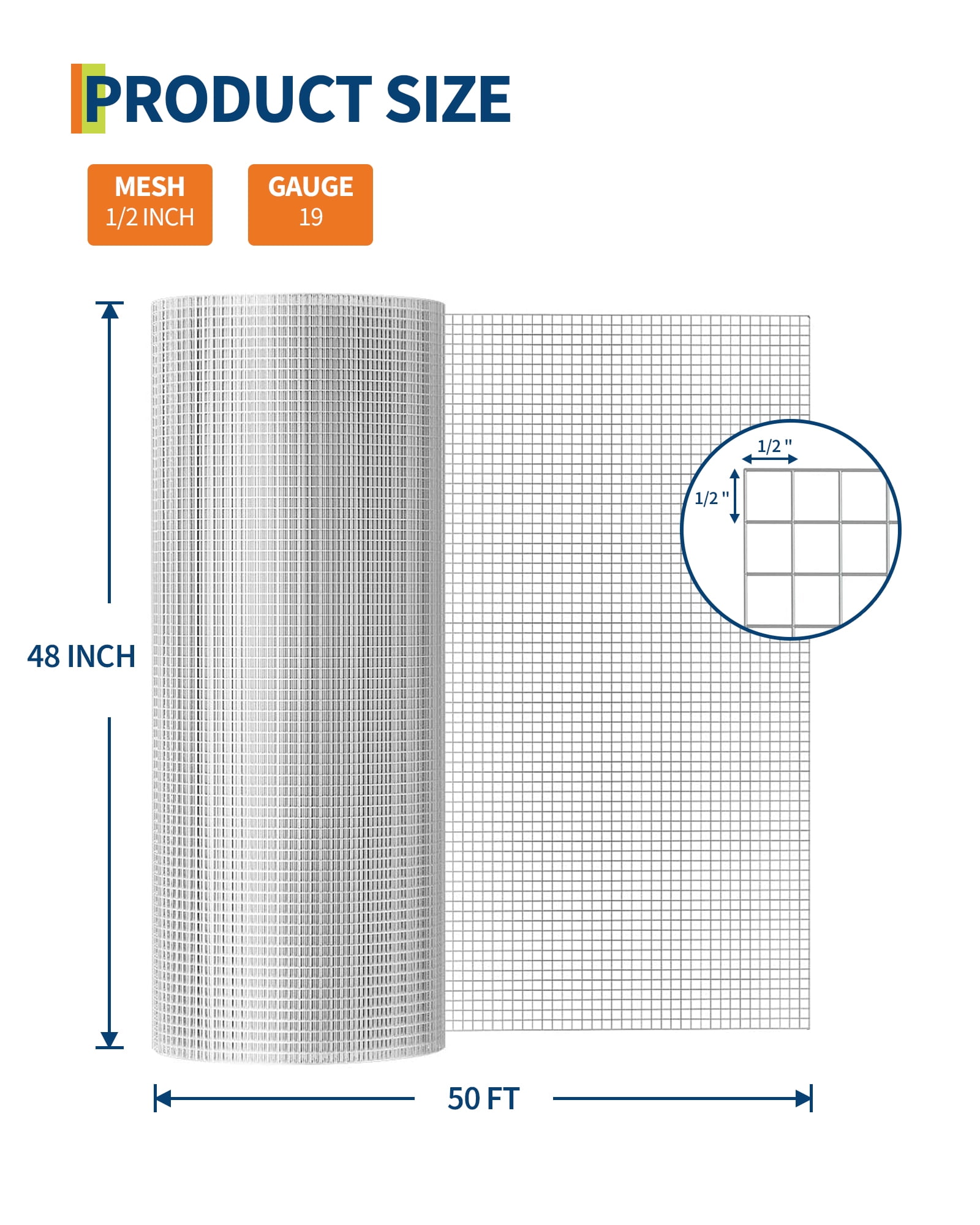 1/2 Inch Hardware Cloth 48in x 50ft, 19GA Heavy Duty Hot-Dipped Galvanized Chicken Wire Mesh Roll - Rustproof Welded Fencing for Chicken Coop, Rabbit Cages, Poultry Netting & Garden Protection-Sliver