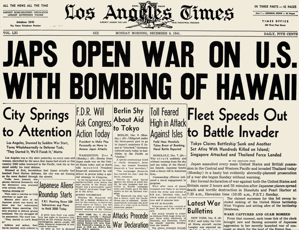 Pearl Harbor Headline 1941Nthe Front Page Of The Los Angeles Times 8