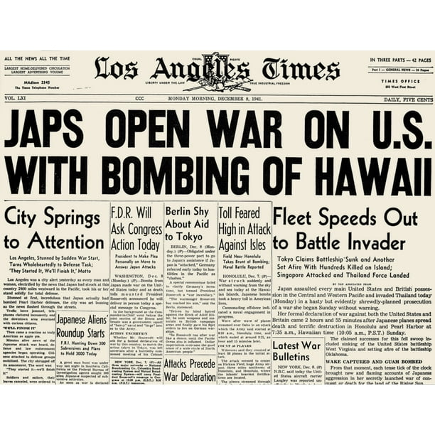 Pearl Harbor Headline 1941Nthe Front Page Of The Los Angeles Times 8 ...