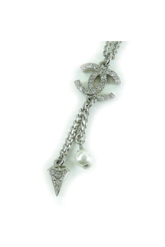 Pre-Owned CHANEL F25C Coco Mark Rhinestone Faux Pearl Necklace Pendant, Silver, Made in France,...