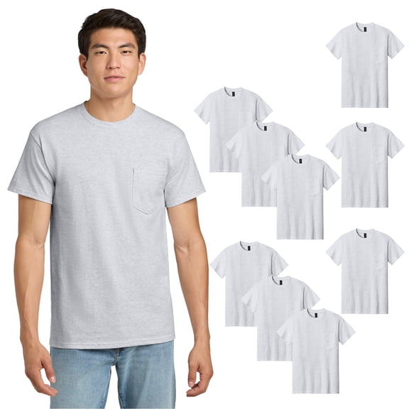Gildan Men Ultra Cotton Pocket T-Shirt, Short Sleeve Classic Fit Ash 9 Pack Bulk Tee, L