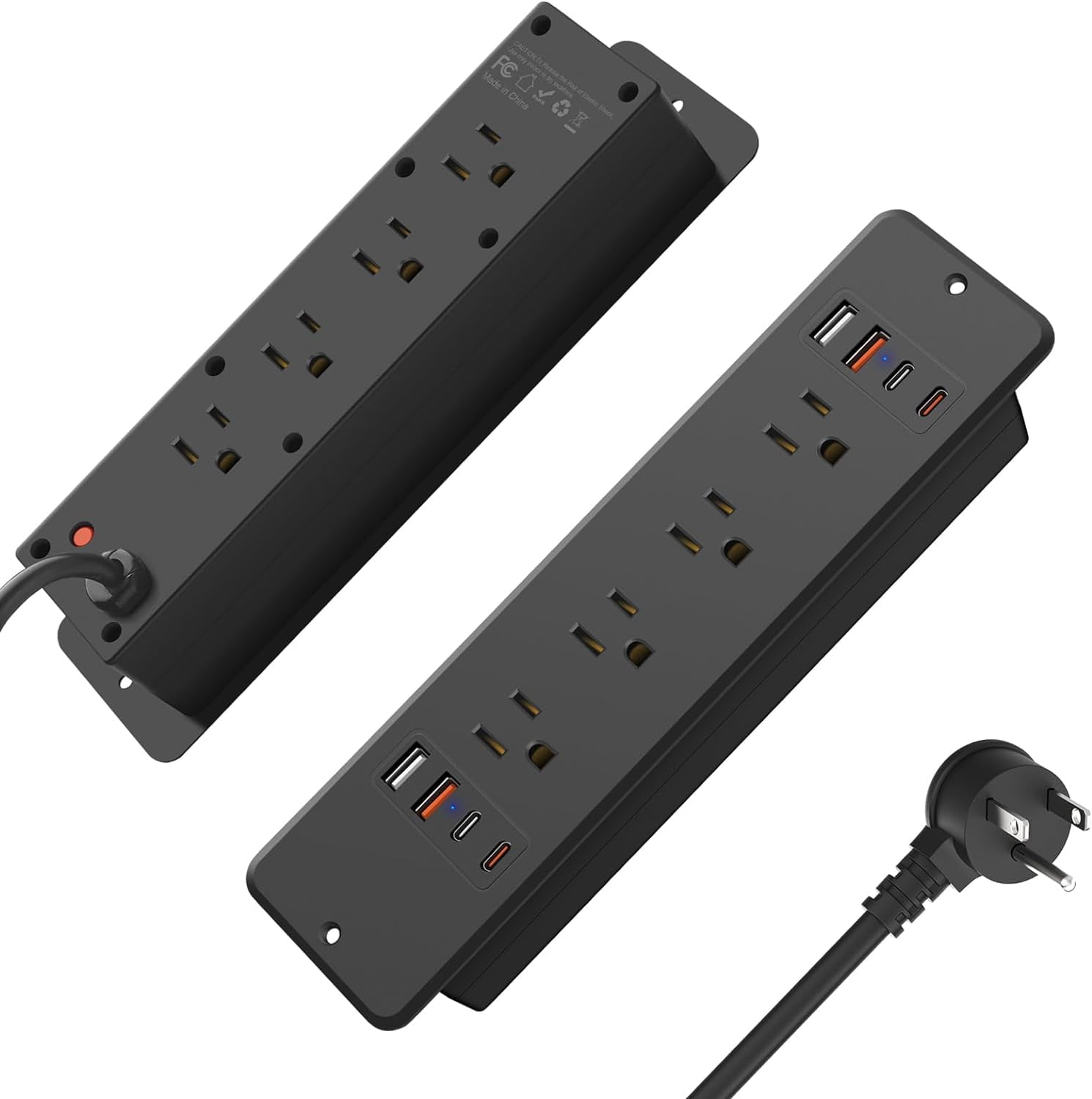 8 Outlet Recessed Power Strip, 30W Fast Charging Furniture Power Outlet USB C, Flush Mount Surge Protection Socket with 4 USB-A and 4 USB-C, 10ft Power Cord. (Black)