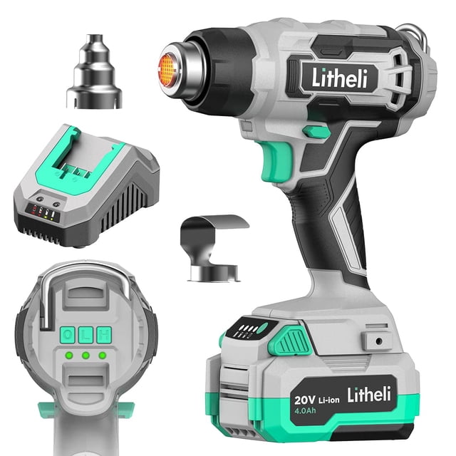 Pistola de Calor Inalámbrica Litheli 20V 3 Temperaturas 932°F Batería 1.5 kg