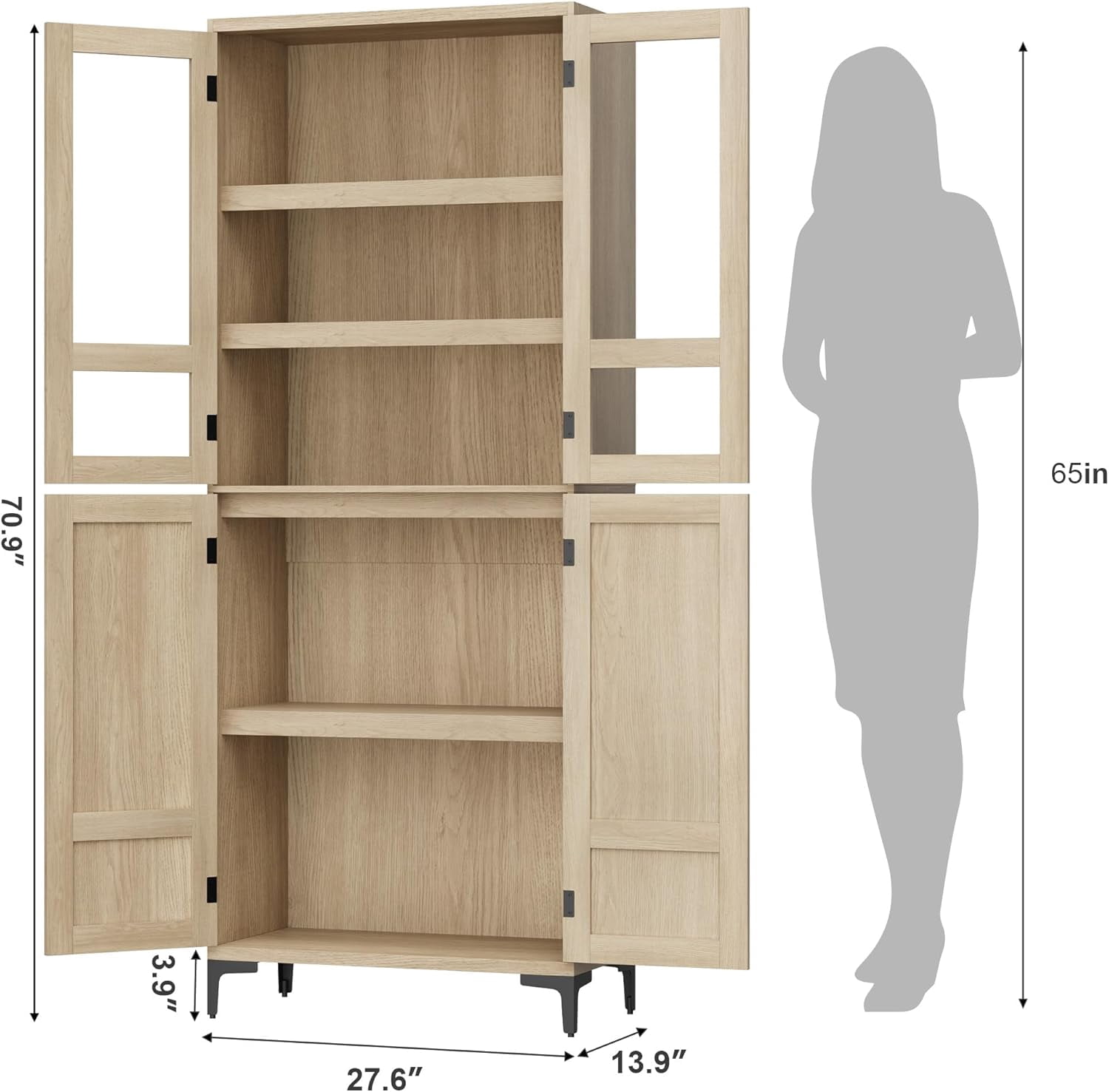 Hetoy 71-Inch Tall Storage Cabinet, Kitchen Food Cabinet, 5-Shelf Bathroom Cabinet, Glass Door with 4-Door Adjustable Shelves for Kitchen, Dining Room, Bathroom, Oak