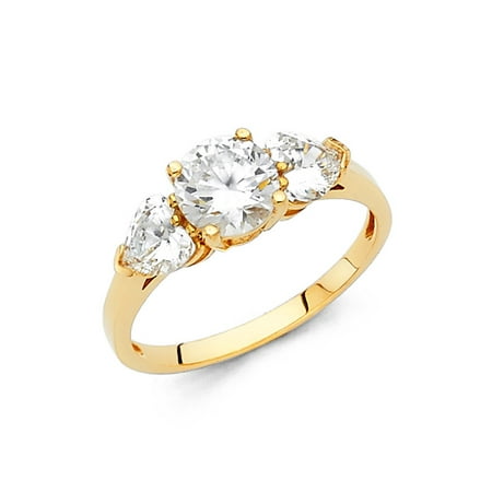 14k Solid Yellow Gold Ring - 14K Solid Yellow Gold Cubic Zirconia Round Cut Wedding Engagement Ring with Heart Side Stones, Size 4