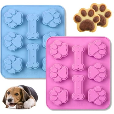 2 Pcs Silicone Puppy treat molds, Dog Paw and Bone Mold Ice Cube Mold, Jelly, Biscuits, Chocolate, Candy Baking Mold, Oven Microwave Freezer Dishwasher Safe-Pink & Blue