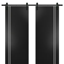 Sturdy Double Barn Door 56 x 84 inches with | Planum 0310 Matte Black with Frosted Glass | 13FT Rail Hangers Heavy Set | Solid Panel Interior Doors