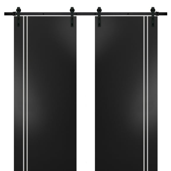 Sturdy Double Barn Door 36 x 80 inches with | Planum 0310 Matte Black with Frosted Glass | 13FT Rail Hangers Heavy Set | Solid Panel Interior Doors