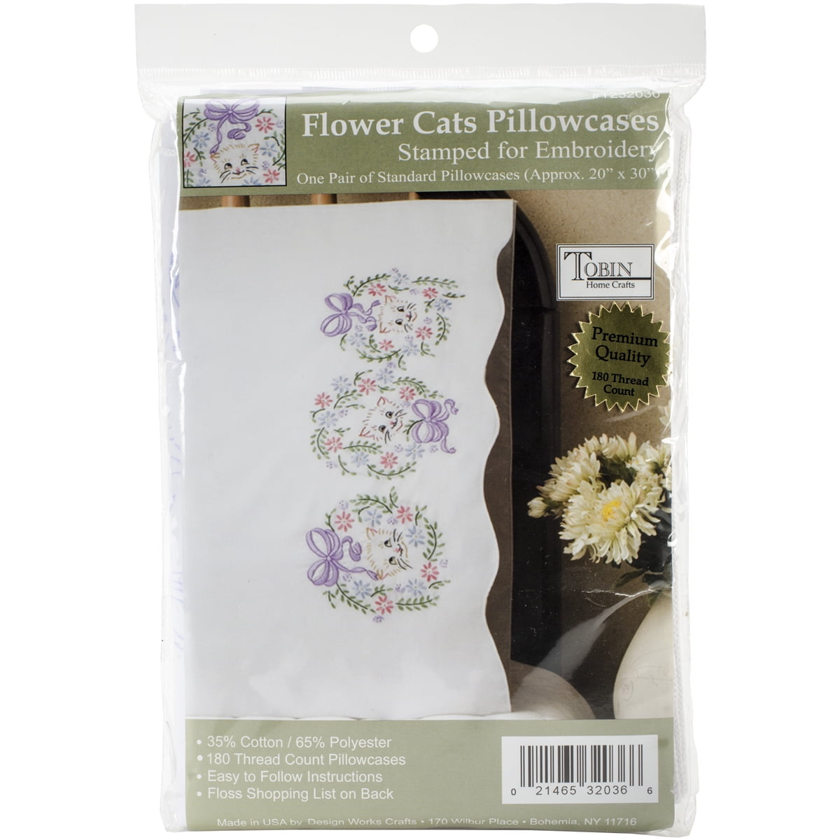 Tobin Flower Cats Stamped Pillowcase Pair, 20' x 30'