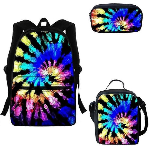 Rainbow Tie-Dye School Backpack for Kids Girls Casual Daypack Shoulder Book Bag with Lunch Box Pencil Case Set of 3pcs