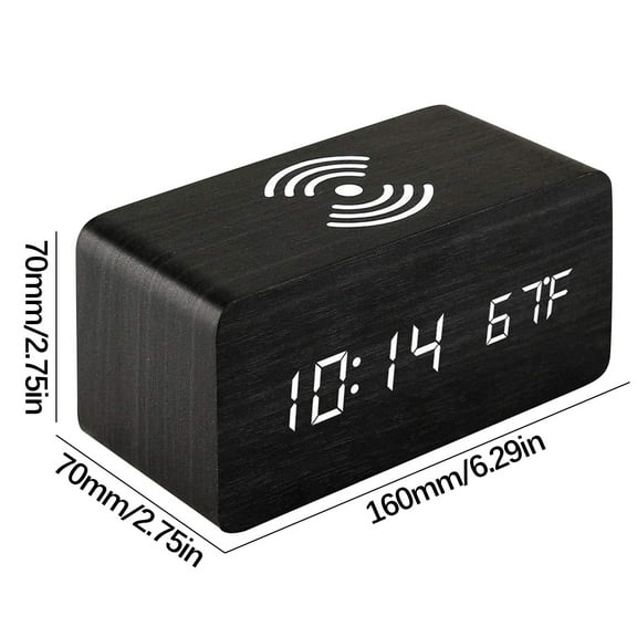 Wooden Digital Alarm Clock with Temperature Display 160x70x70Mm Alarm Clock with Wireless Charging and Usb Power