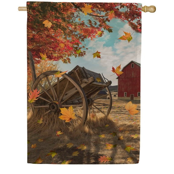 America Forever Farm Wagon House Flag, 28 x 40 inch Double Sided, Rustic Red Barn, Autumn Farm Scene, Fall Leaves Country Decor, Rural Landscape, Seasonal Yard Decoration