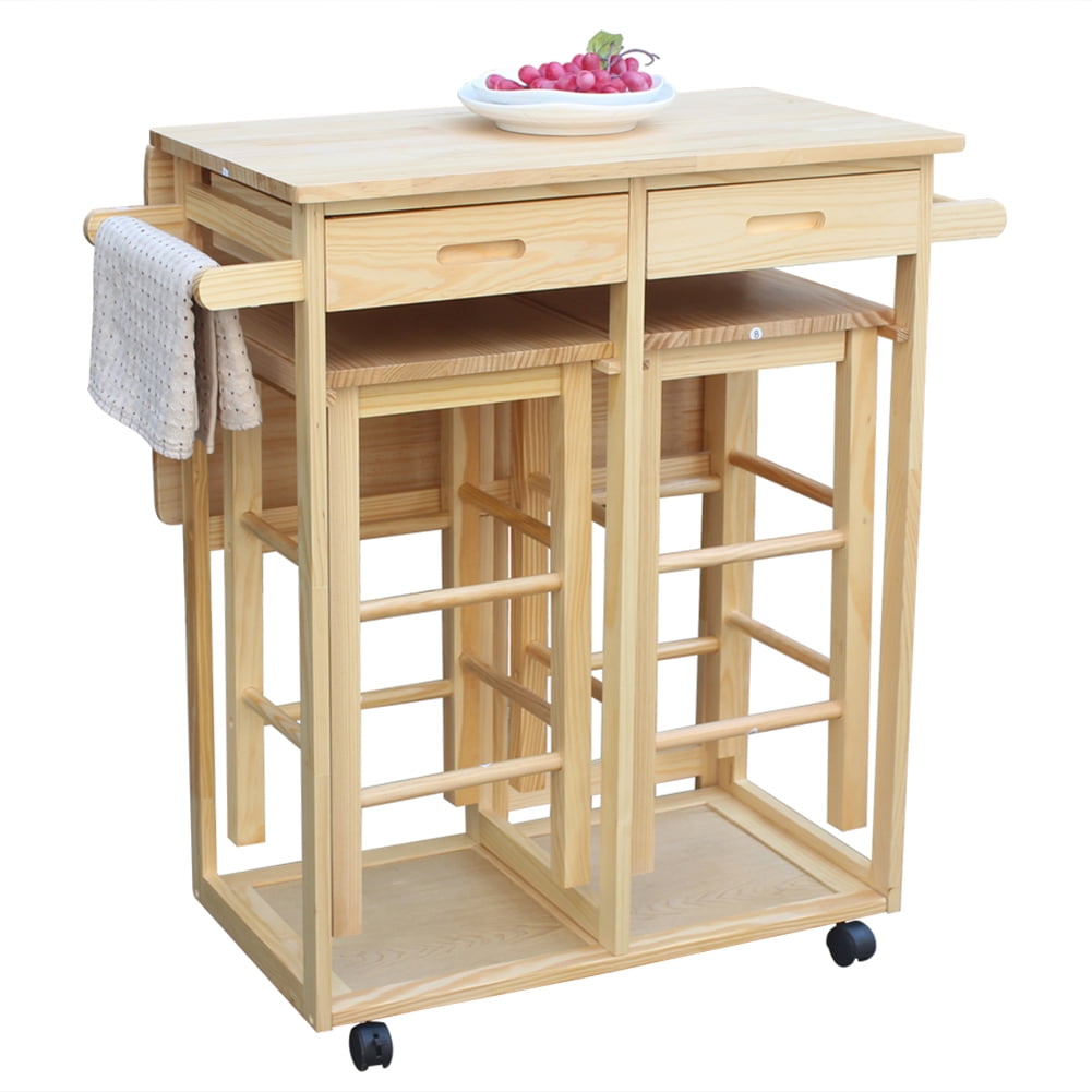 Kadyn Square Solid Wood Folding Dining Cart, Kitchen Cart Island with 2 Free Stools, Kitchen Cart for Dining Room, Natural Kadyn Square Solid Wood Folding Dining Cart, Kitchen Cart Island with 2 Free Stools, Kitchen Cart for Dining Room, Natural