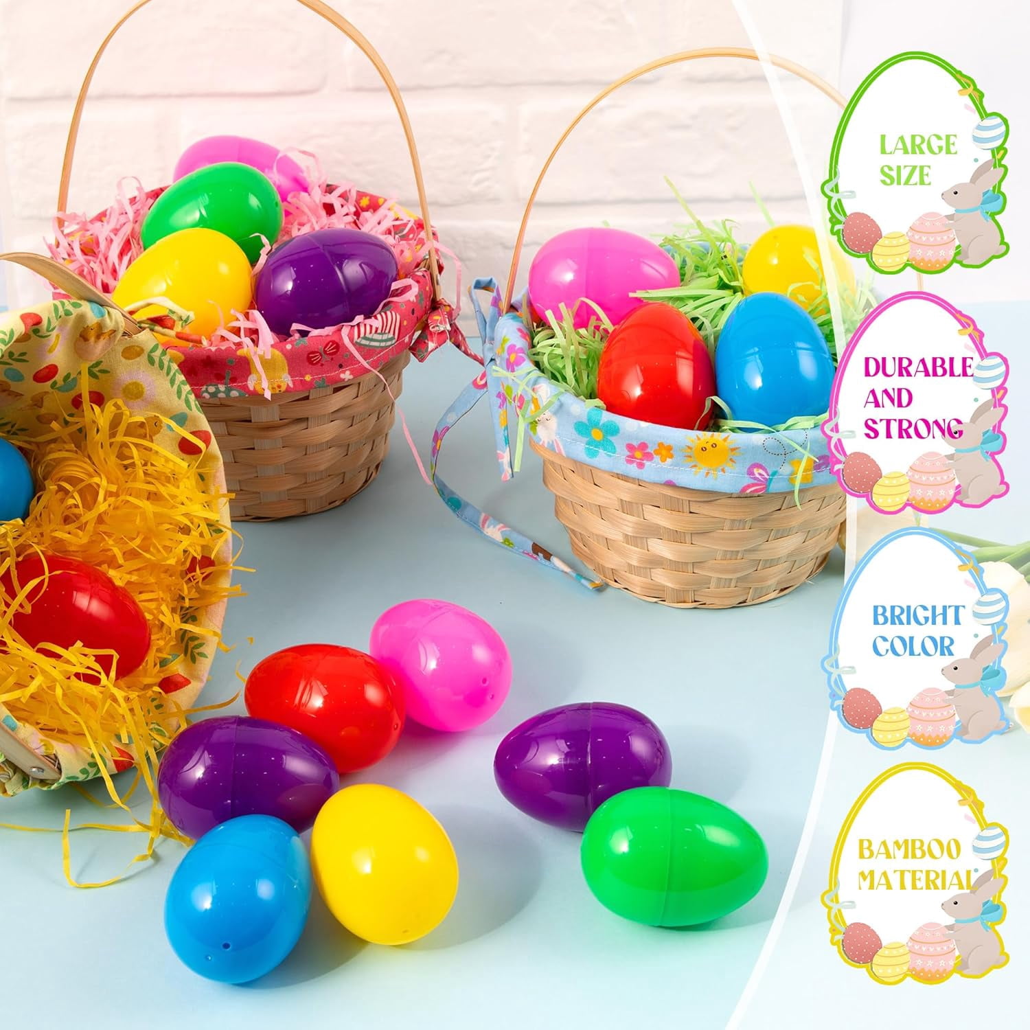3 Set Wicker Easter Baskets, 10.4" x 7.9"x 4.7" Large Bamboo Easter Basket Empty with Handle, Includes Lining Fabric, Raffia Paper and Easter for Picnic, Spring Party Favors
