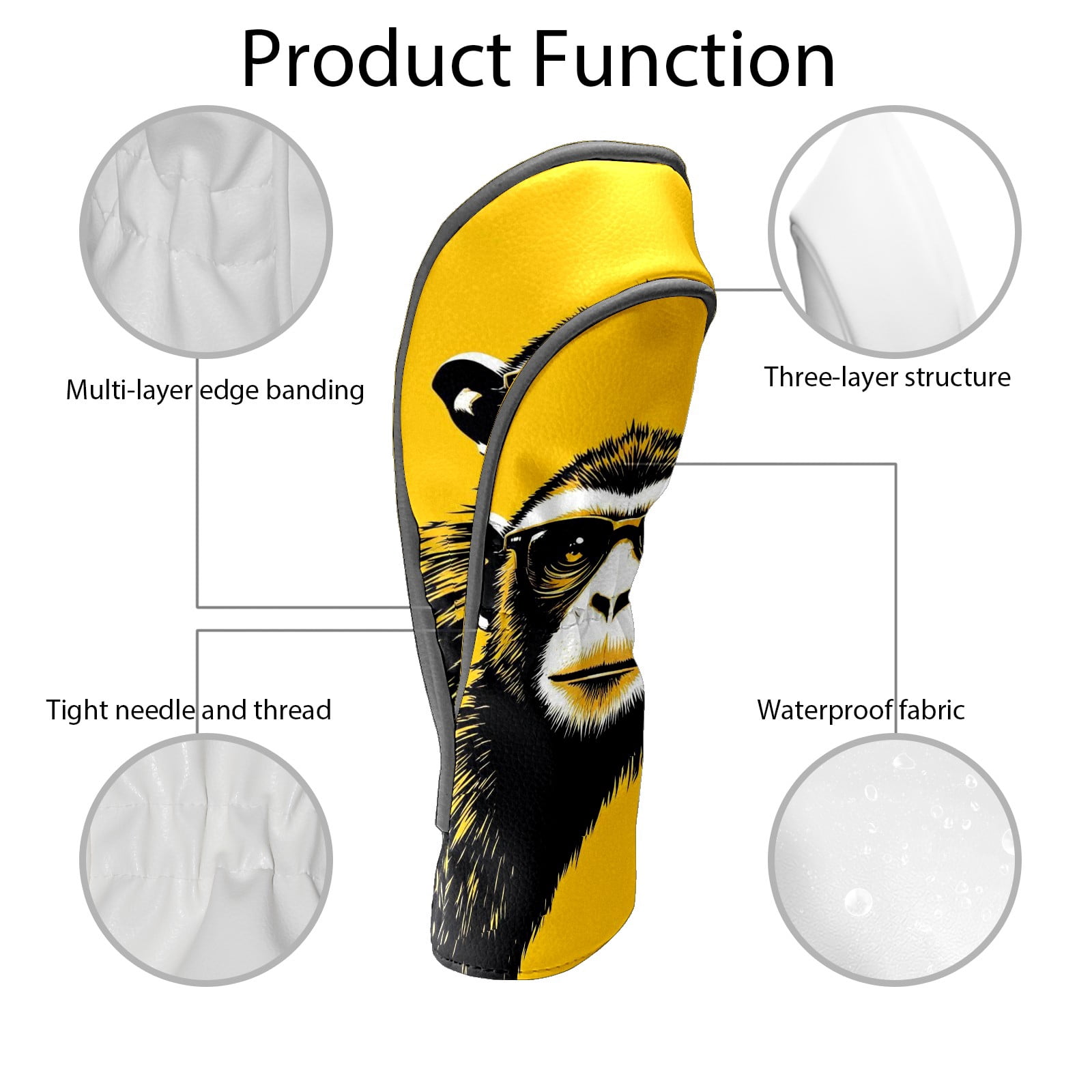 Golf Club Covers, Monkey Yellow Premium PU Leather Driver Hybrid Putter Head Covers with Velvet Lining, Waterproof Golf Gifts for Men Women