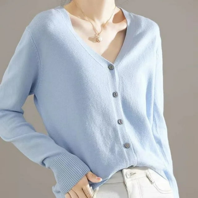 V-Neck Mid-Length Thin Sweater Cardigan Pure Color Spring Summer Breathable Stretchable Open Front Knitted Vest Women's Fashion