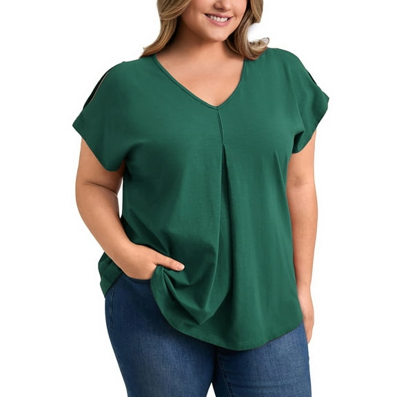GRACE & GRANDEUR Women's Plus Size Tops Slit Sleeve V Neck Blouses Cold Shoulder Casual Summer Tee Top 2X Dark Green