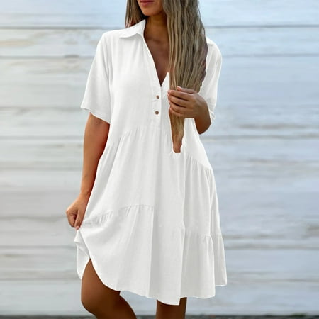 Dihao Womens Dresses Summer Trendy Dress Button Lapel Dress Ruffled Women s Swimsuit Beach Cover up Shirt Bikini Beachwear Bathing Suit Beach Dress Vacation Daily Midi Dress