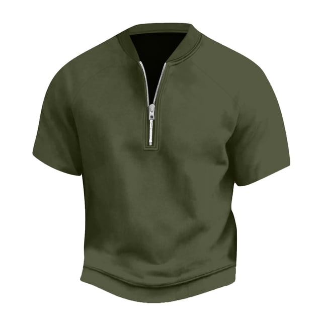 Hiiyo Men's Solid Color Short Sleeved T-Shirt With Half Zipper Versatile Classic Tshirt