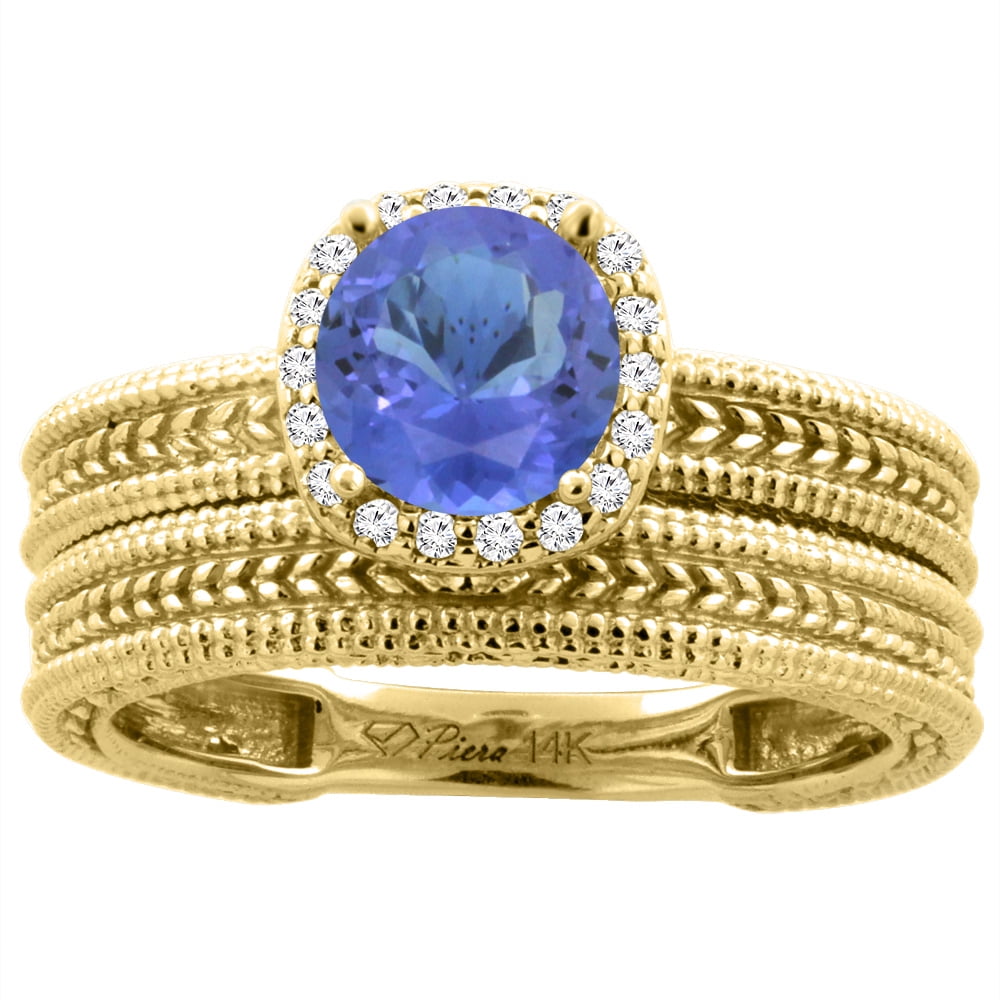 14K Yellow Gold Diamond Natural Tanzanite 2-pc Engagement Ring Set Cushion 7x7 mm, size 5.5 by Gabriella Gold