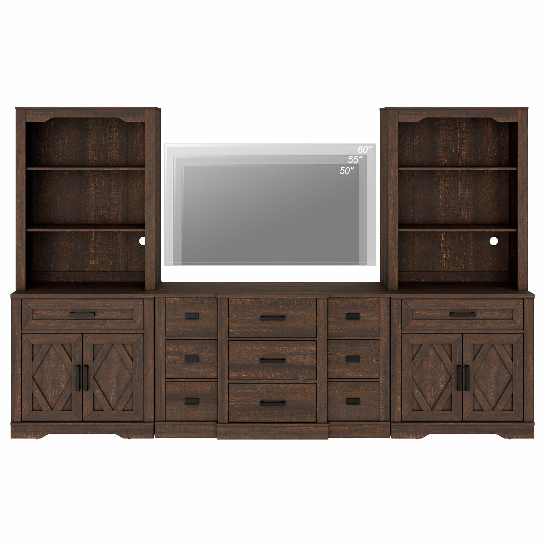 WAMPAT Farmhouse Entertainment Center with Bookshelf for TVs up to 60",Mid Century Modern TV Stand with 73"H Tall 5-Tier Bookcase with Open Storage and Barn Doors for Living Room,Bedroom,Brown