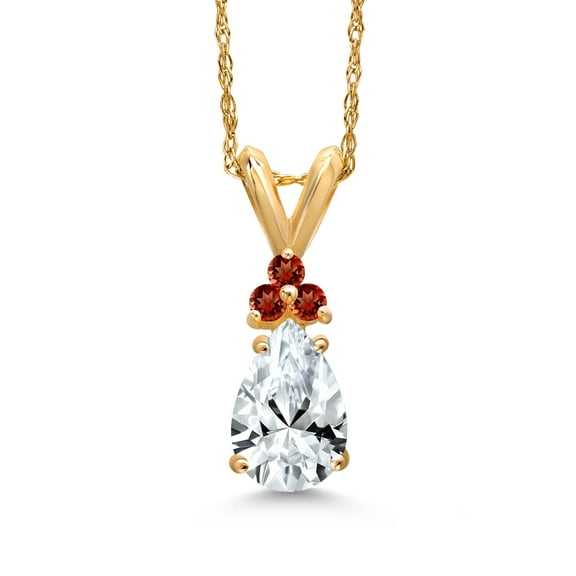 Gem Stone King 14K Yellow Gold White Created Sapphire and Red Garnet Pendant Necklace for Women | 1.22 Cttw | Gemstone September Birthstone | Pear Shape 8X5MM | With 18 inch Chain