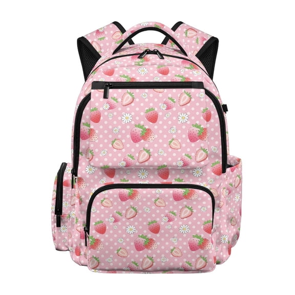 Chririnla Pink Strawberry Daisy Print Bookbags with Front Pocket, Waterproof Large Capacity 17 Inch School Bag for Outdoor Elementary School