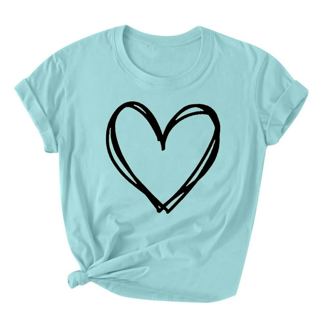 AherBiu T-Shirts de la Saint-Valentin pour Femmes à Motif de Cœur, Manches Courtes, Confortables, Basiques, en Coton, T-Shirts