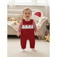 thumbnail image 3 of Miaouyo Infant Baby Girls Boys Christmas Outfit 0 3 6 9 12 18 Months Loose Fit Striped Crew Neck Romper Embroidered Overalls Pants and Cap 3 Pcs Set, 3 of 9