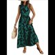 thumbnail image 3 of Vestido Maxi Floral de Verano para Mujer, Cuello Abotonado, Cintura Anudada, Volantes Escalonados, Sin Mangas, Estilo Bohemio, Verde L, 3 of 9