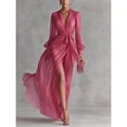 thumbnail image 2 of Elegant Pink Long Mesh Bishop Sleeve Dress With Flared Hem And Stand Collar, 2 of 6