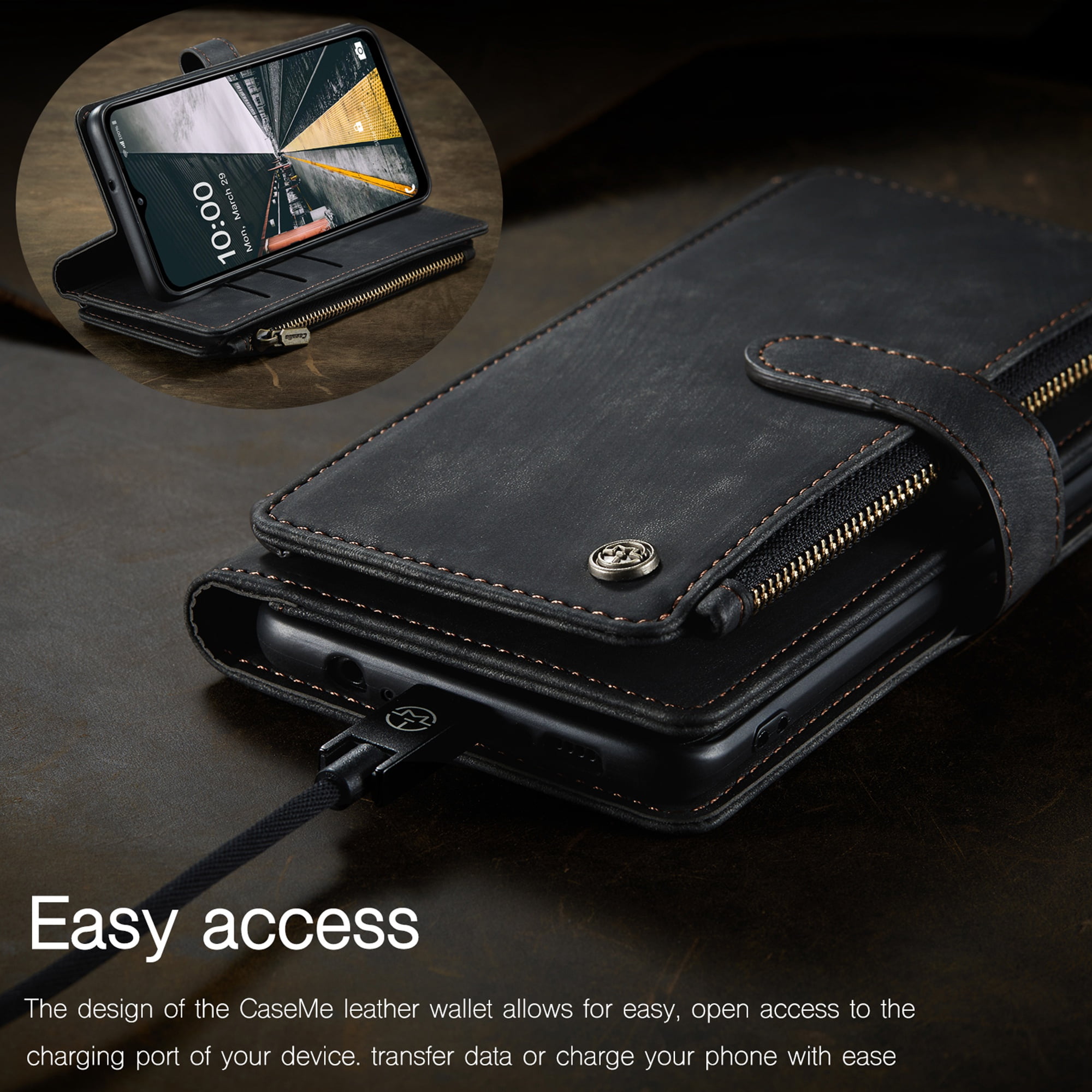 K-Lion for Samsung Galaxy S22 Case, Galaxy S22 Case Wallet for Women Men, Durable PU Leather Magnetic Wallet Flip Lanyard Strap Wristlet Zipper Card Holder Phone Case for Samsung S22,Black