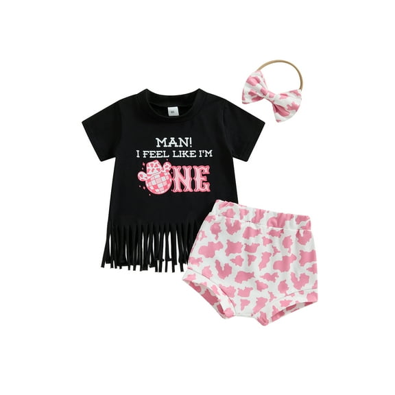 Suealasg Baby Girls 1st Birthday Day Shorts Sets Short Sleeve Tassel Hem Tops Cow Print Shorts Headband Sets 3Pcs Newborn Girls Summer Outfits