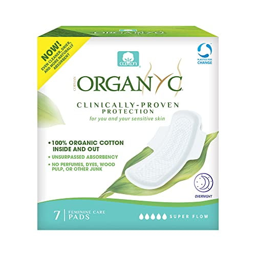 Organyc New and Improved 100% Certified Organic Cotton Overnight Feminine  Pads, Heaviest Flow, Super Absorbency 2.0, 7 Count