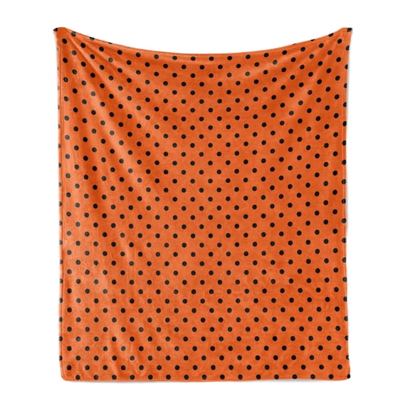 Orange Soft Flannel Fleece Blanket, Vintage Retro Design Little Black Polka Dots with Orange Backdrop Classical Tile, Cozy Plush for Indoor and Outdoor Use, 70" x 90", Orange Black, by Ambesonne
