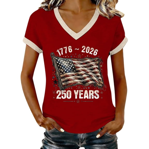 MEICHEN Women's American 250th Anniversary Shirts Summer Short Sleeve Graphic Tees V Neck Patriotic Blouses Tops
